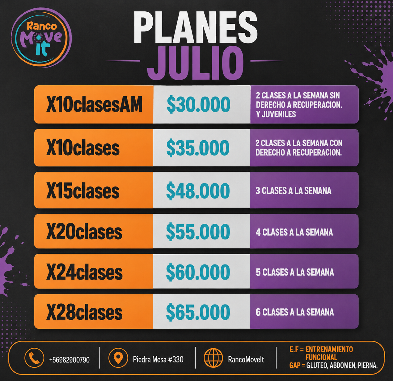 Planes regulares de Ranco Move IT - Julio